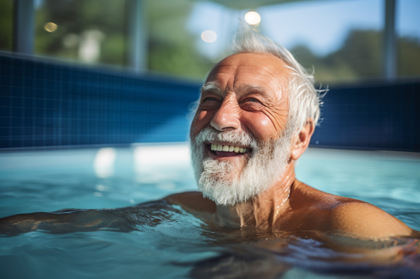 Happy active senior man swimming in pool