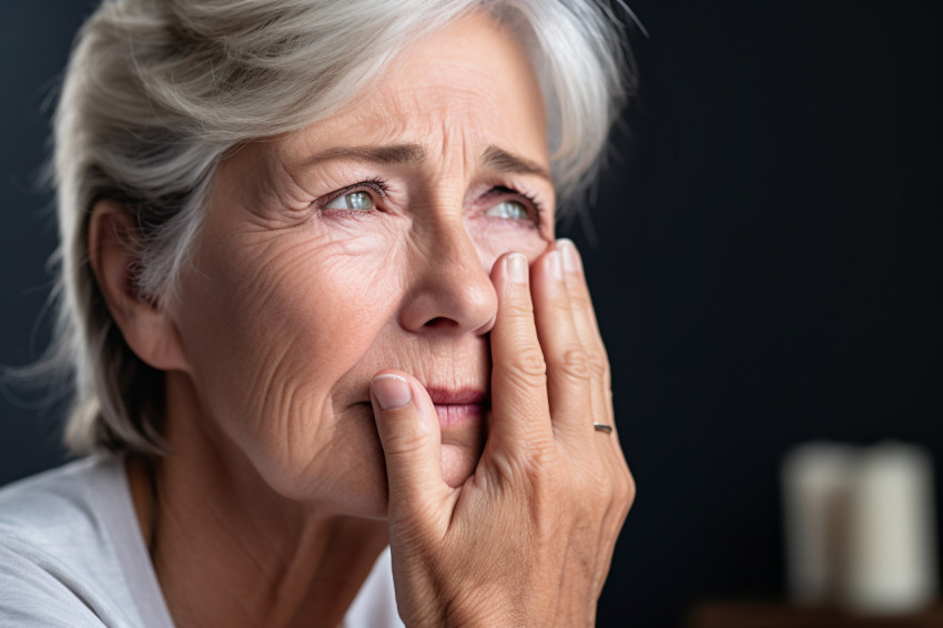 Portrait of senior woman touching face at home