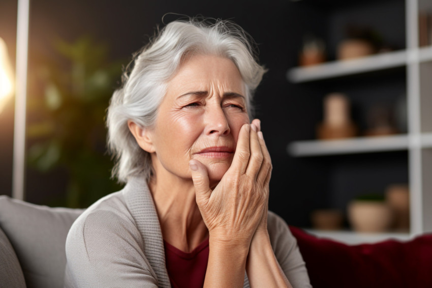 Portrait of senior woman touching face at home