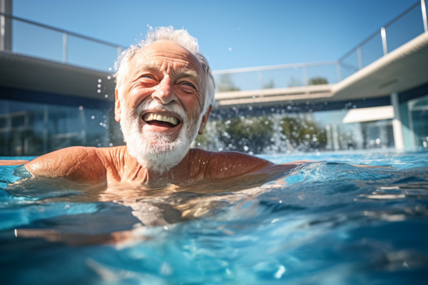 Happy active senior man swimming in pool