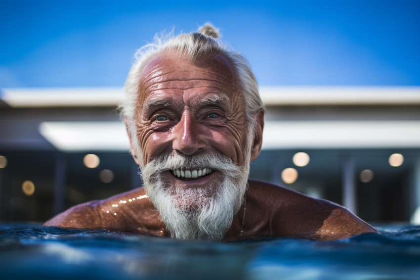 Happy active senior man swimming in pool