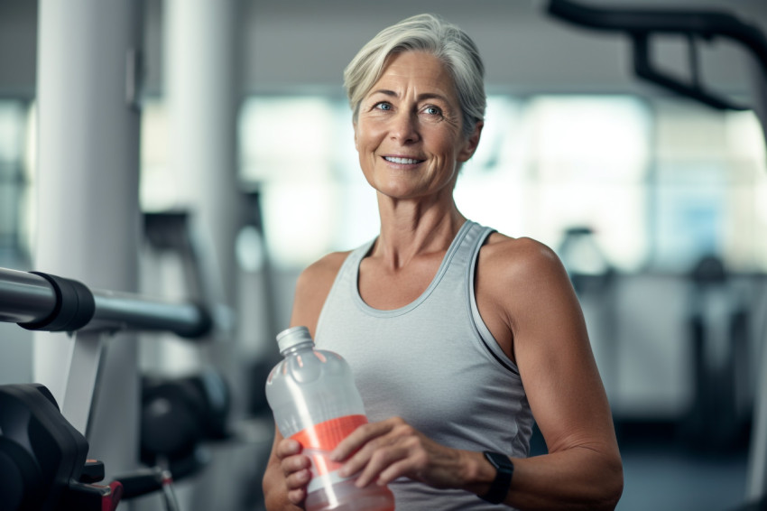 Fit senior woman drinking water at the gym