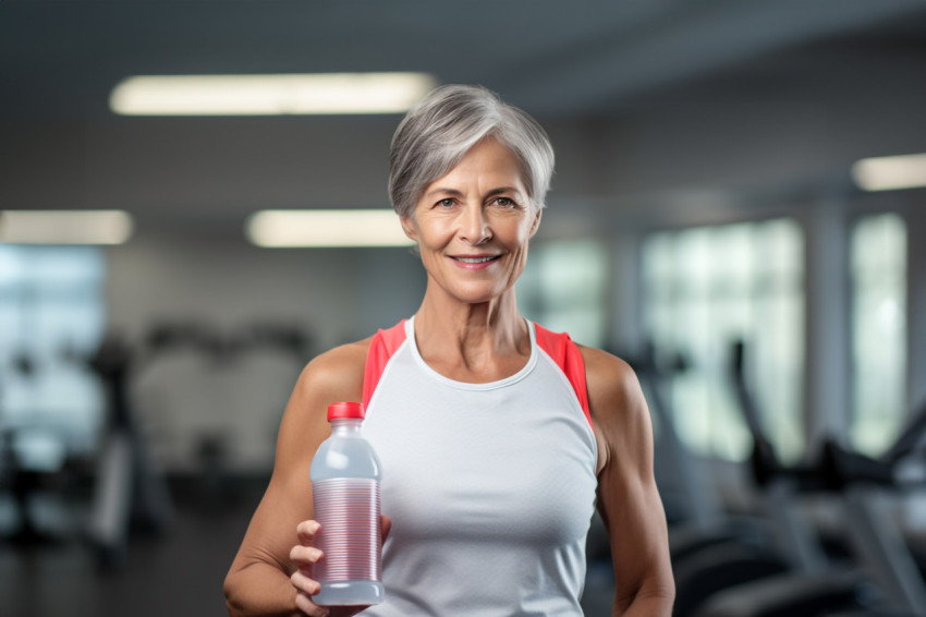 Fit senior woman drinking water at the gym