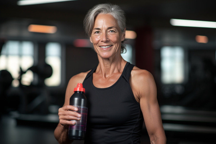 Fit senior woman drinking water at the gym