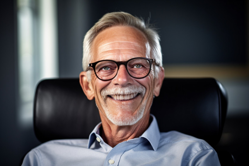 Happy elderly man in glasses relaxing in armchair