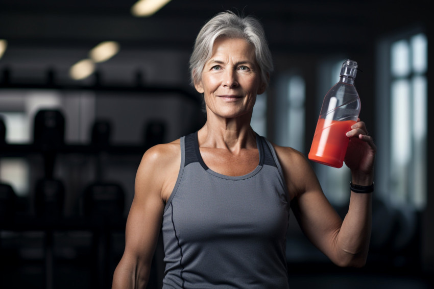 Fit senior woman drinking water at the gym