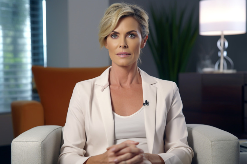 Professional middle aged female therapist in chair smiling at camera