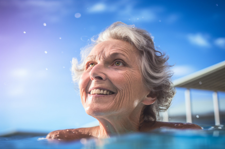 Senior woman swimming in indoor pool