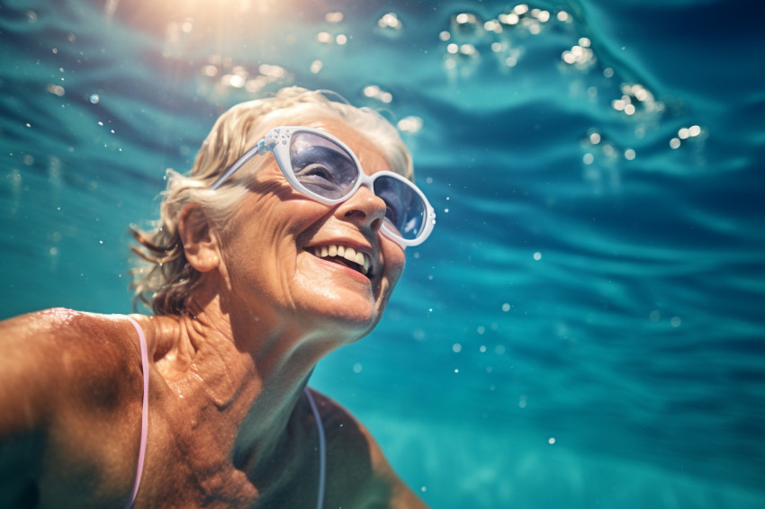 Senior woman swimming in indoor pool