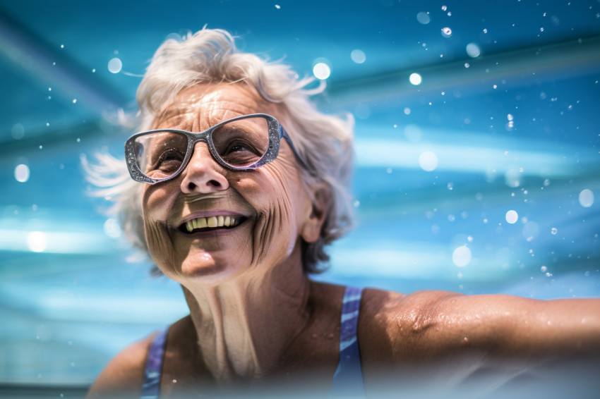 Senior woman swimming in indoor pool