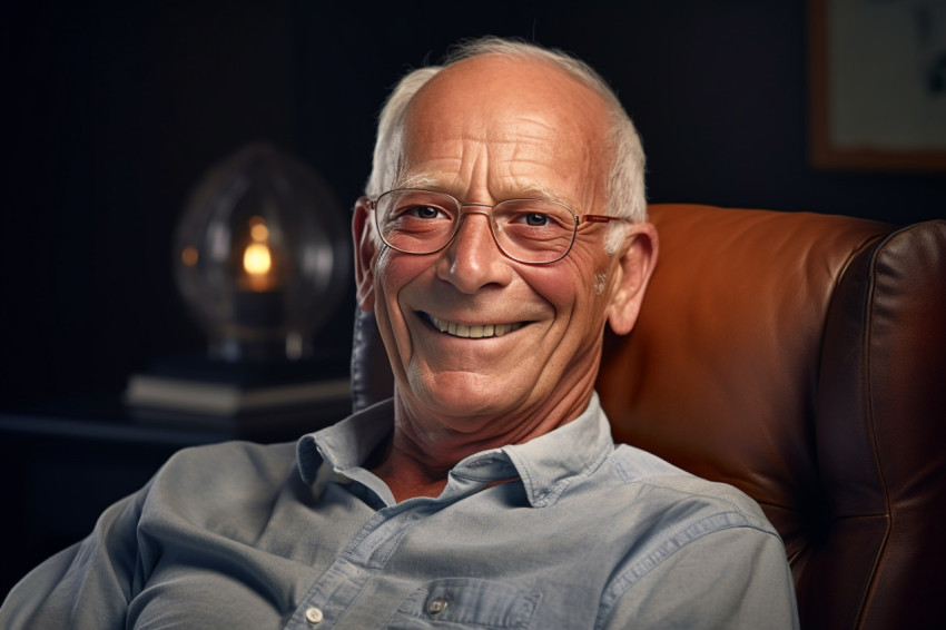 Happy elderly man in glasses relaxing in armchair