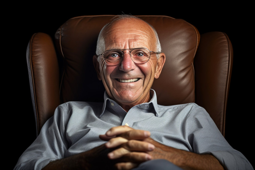 Happy elderly man in glasses relaxing in armchair