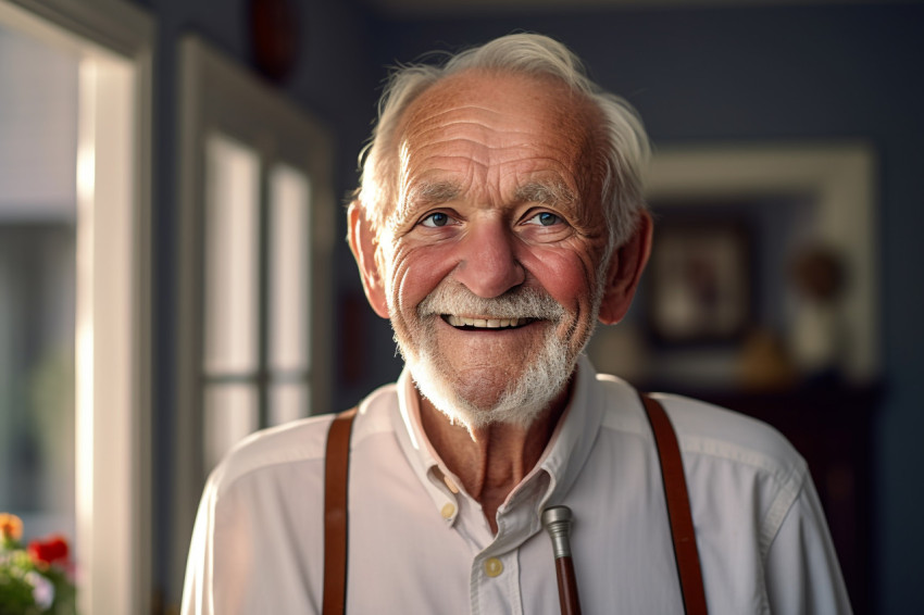 Smiling senior man with walking cane at home