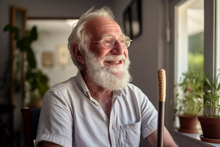 Smiling senior man with walking cane at home