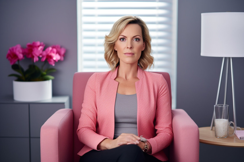 Professional middle aged female therapist in chair smiling at camera