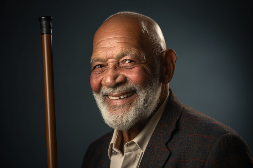 Smiling senior man with walking cane at home