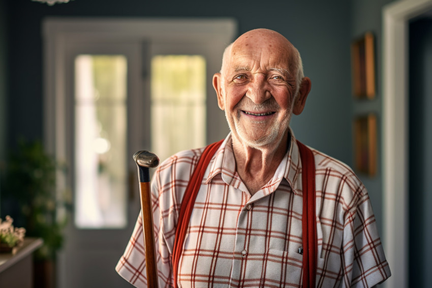 Smiling senior man with walking cane at home