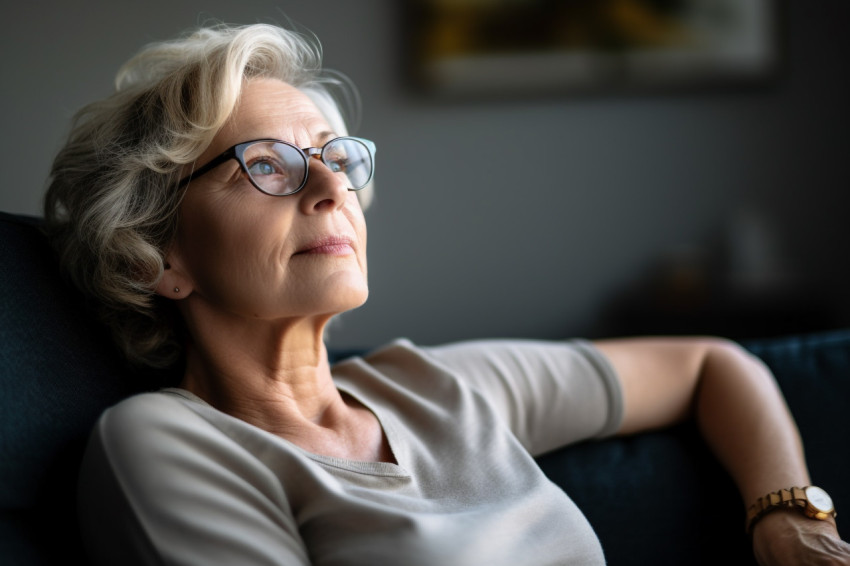 Smiling mature woman relaxing on couch at home