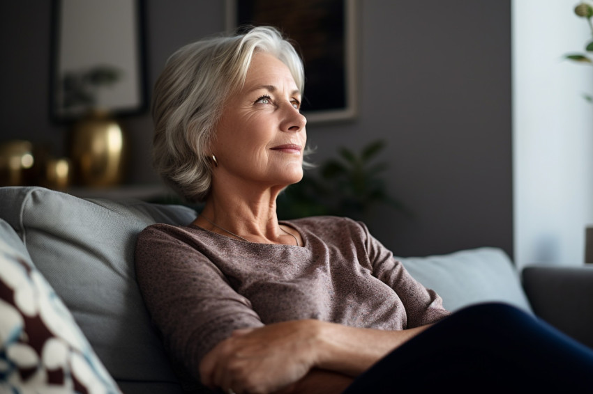 Smiling mature woman relaxing on couch at home