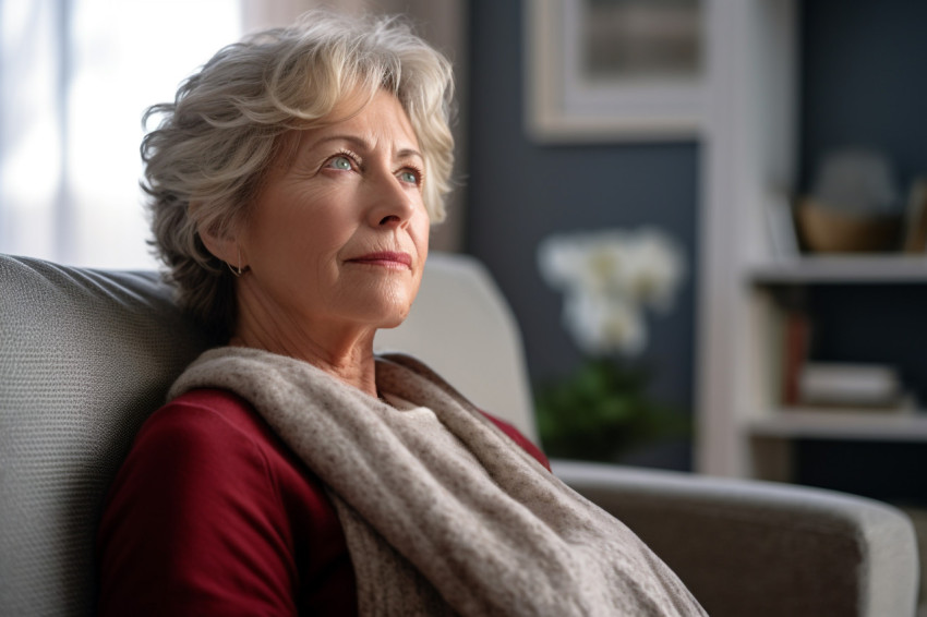 Smiling mature woman relaxing on couch at home