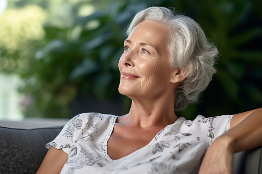 Smiling mature woman relaxing on couch at home