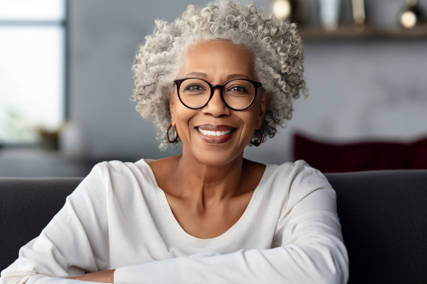 Happy African American senior woman sitting on couch at home