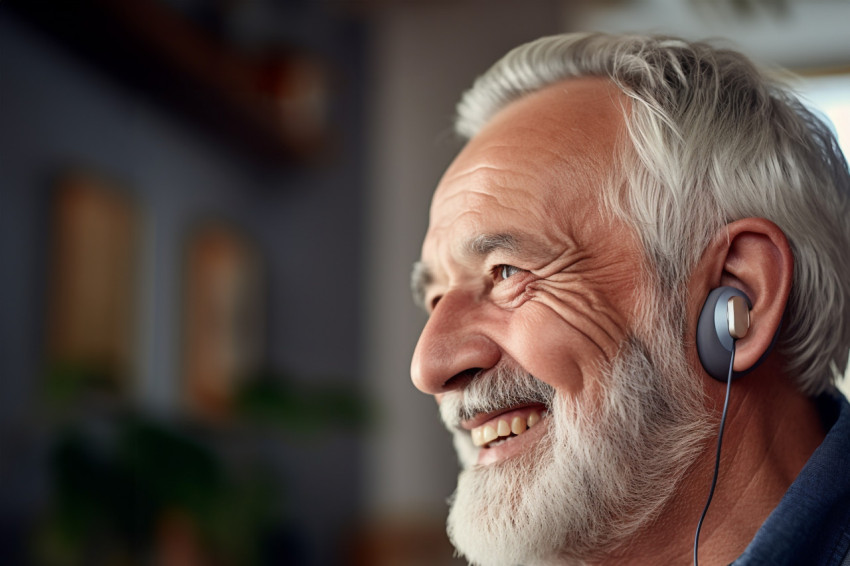 Happy senior man with hearing aid at home