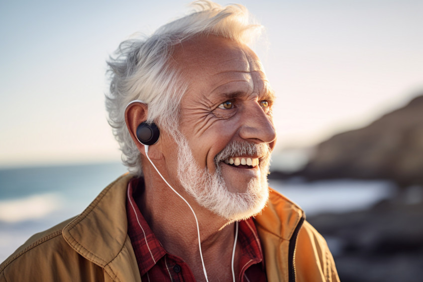 Happy senior man with hearing aid at home