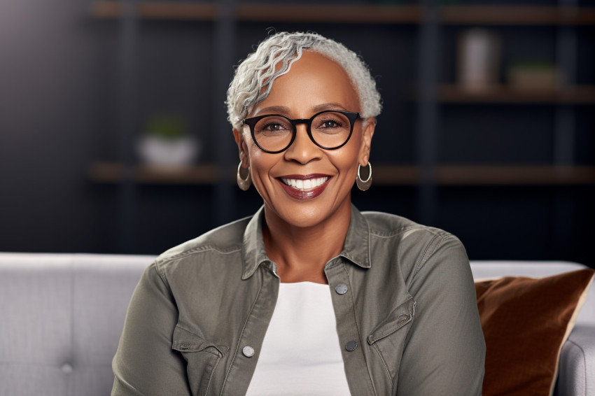 Happy African American senior woman sitting on couch at home