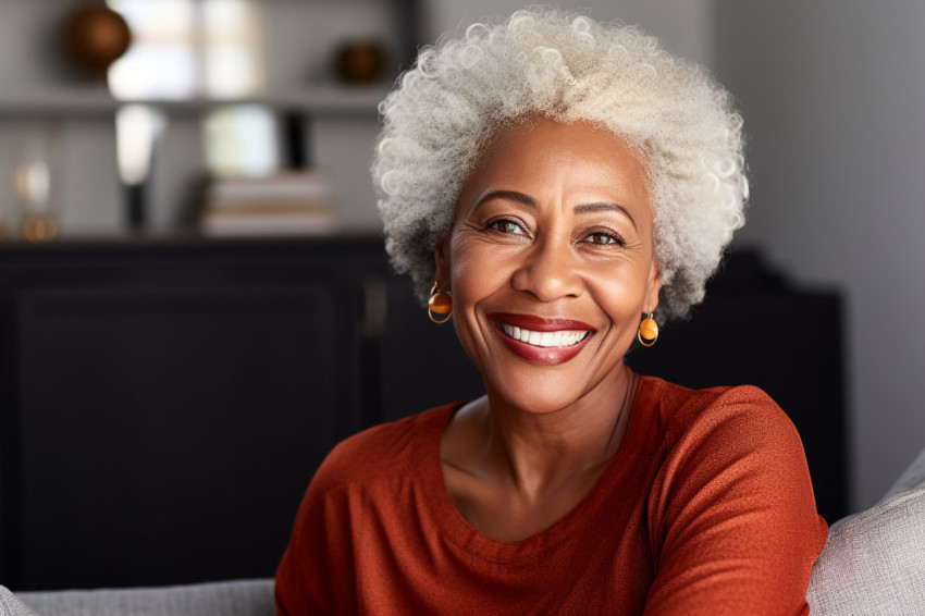 Happy African American senior woman sitting on couch at home