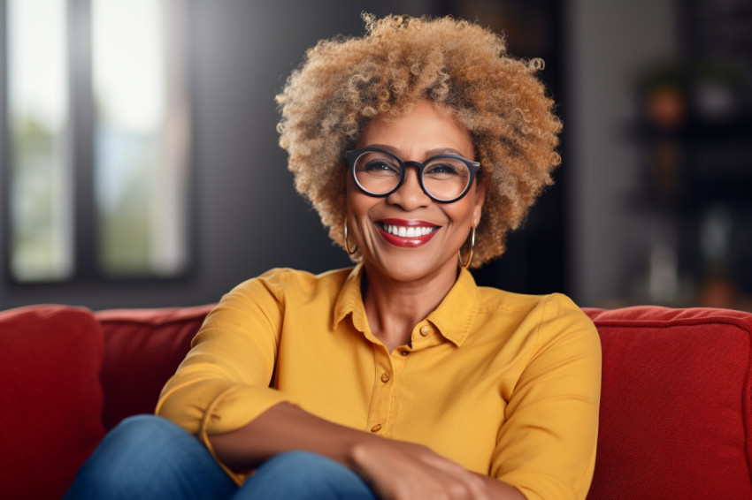 Happy African American senior woman sitting on couch at home