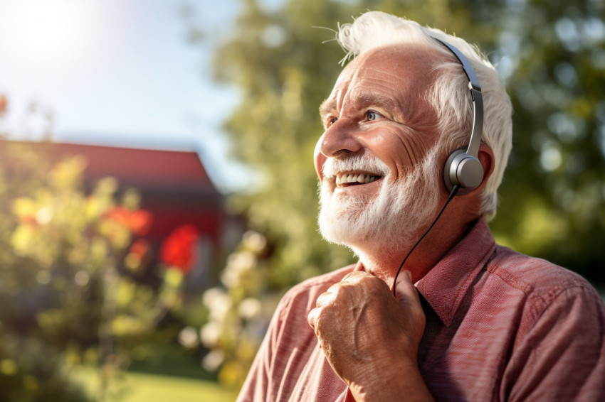 Happy senior man with hearing aid at home