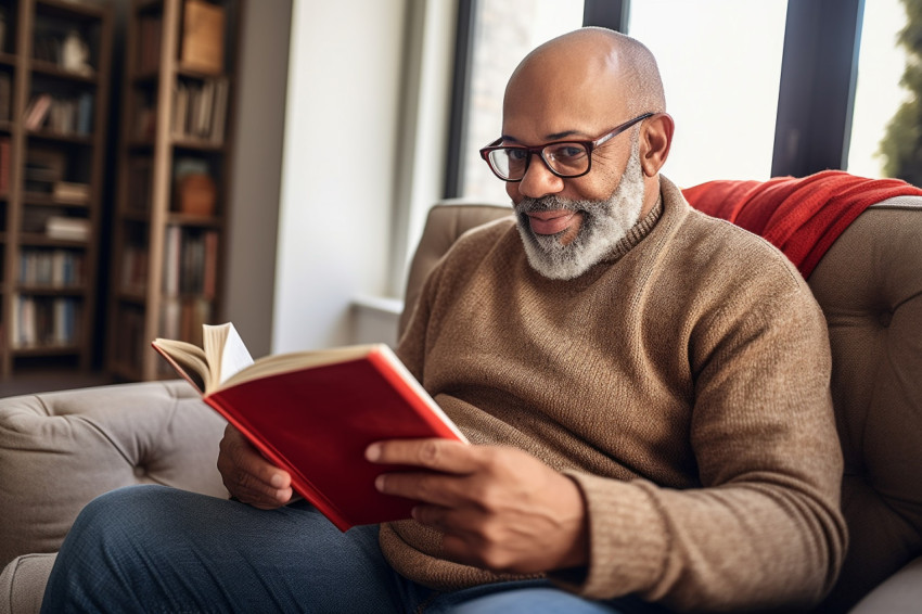 Smiling African American man reading book at home