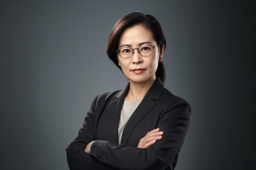 Asian female psychologist standing with arms crossed