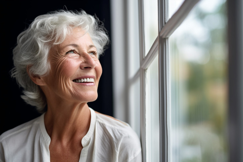 Smiling mature woman looking out window