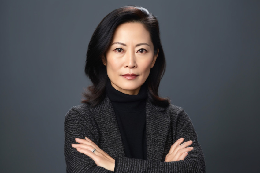 Asian female psychologist standing with arms crossed