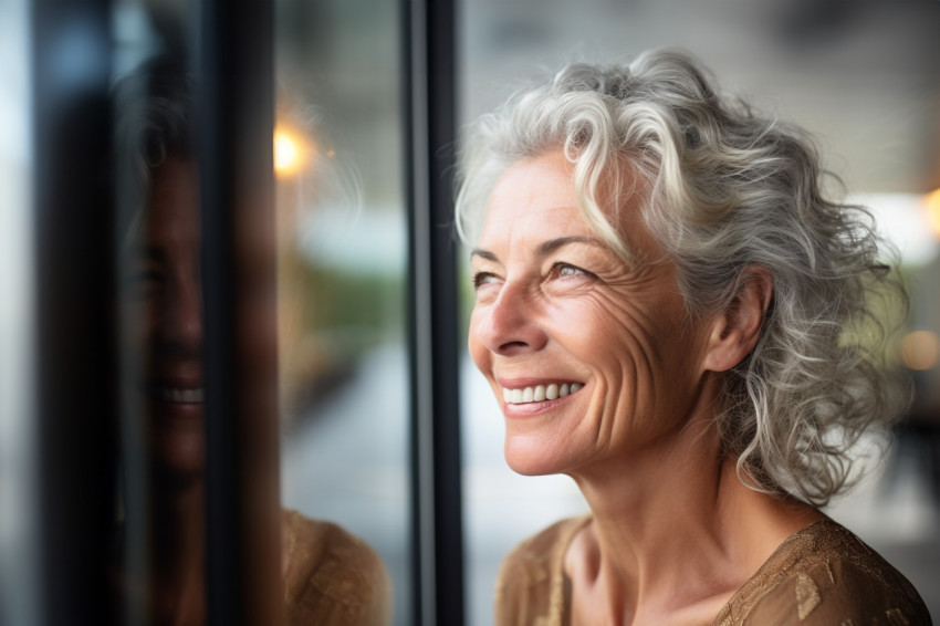 Smiling mature woman looking out window