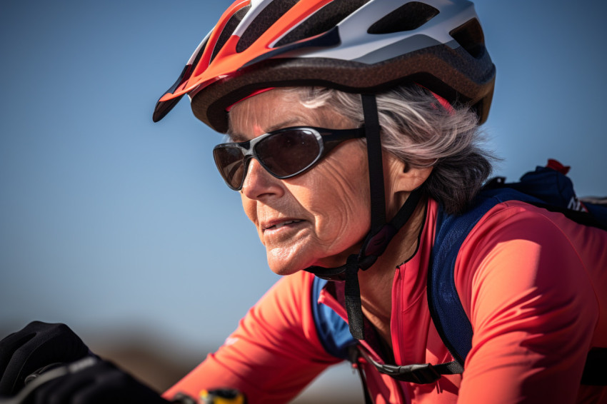 Close up portrait of elderly woman cycling