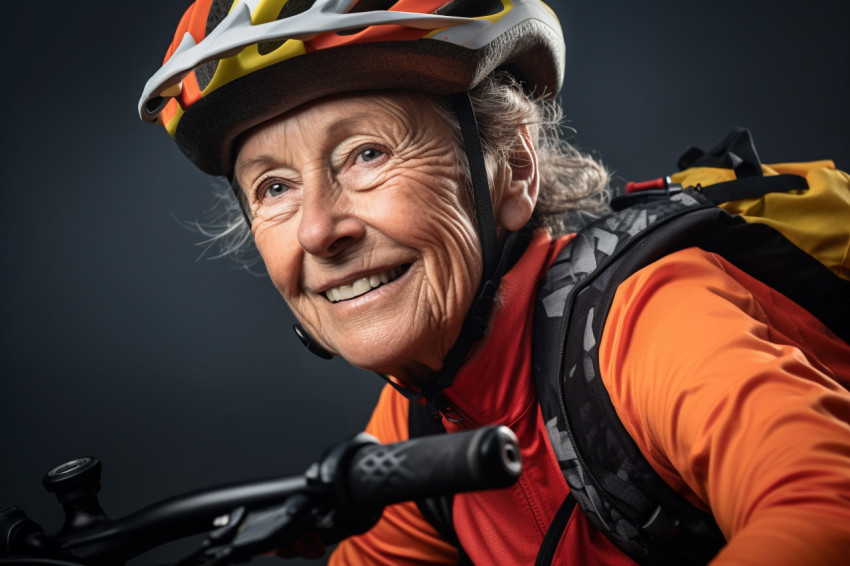 Close up portrait of elderly woman cycling