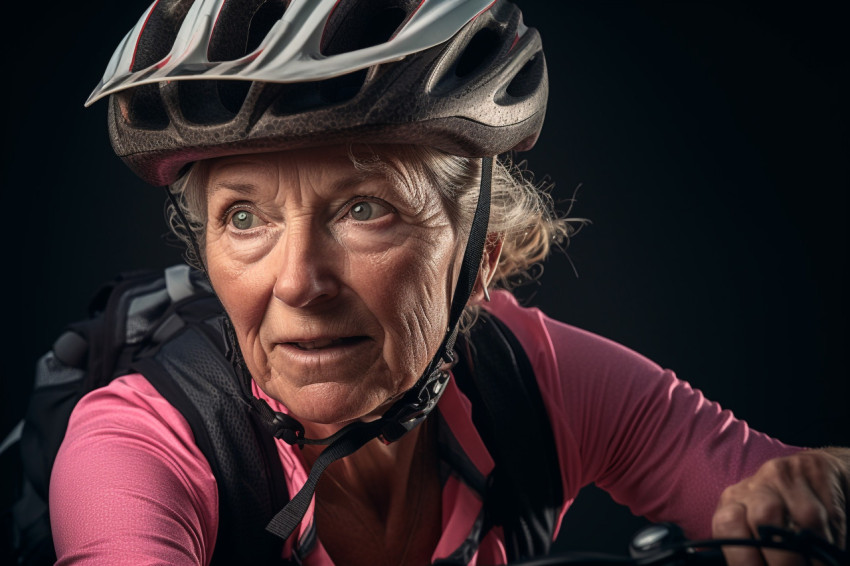 Close up portrait of elderly woman cycling