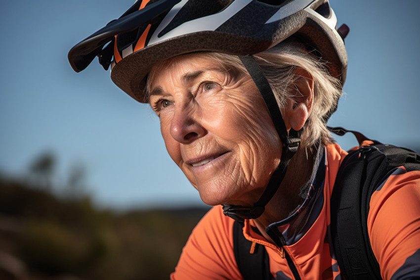 Close up portrait of elderly woman cycling