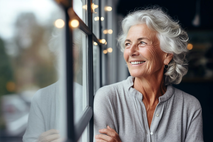 Smiling mature woman looking out window