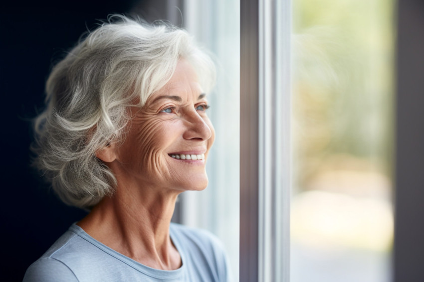 Smiling mature woman looking out window