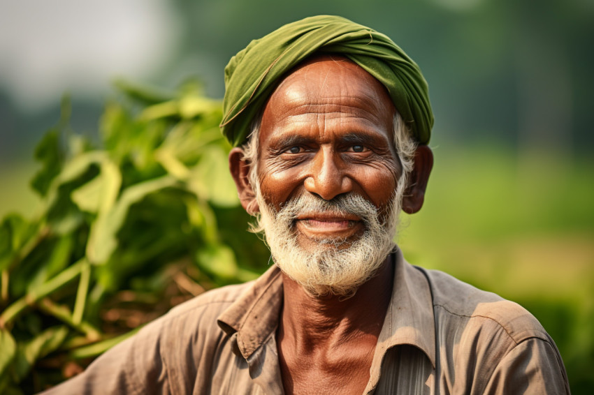 Smiling Indian farmer portrait in rural India