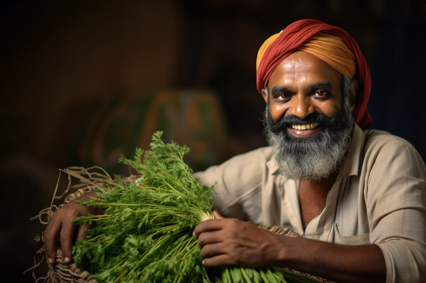 Happy Indian farmer in traditional dress posing at home