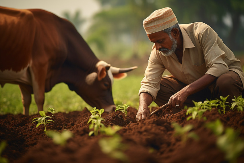 Indian farmer plowing field with cow for bread