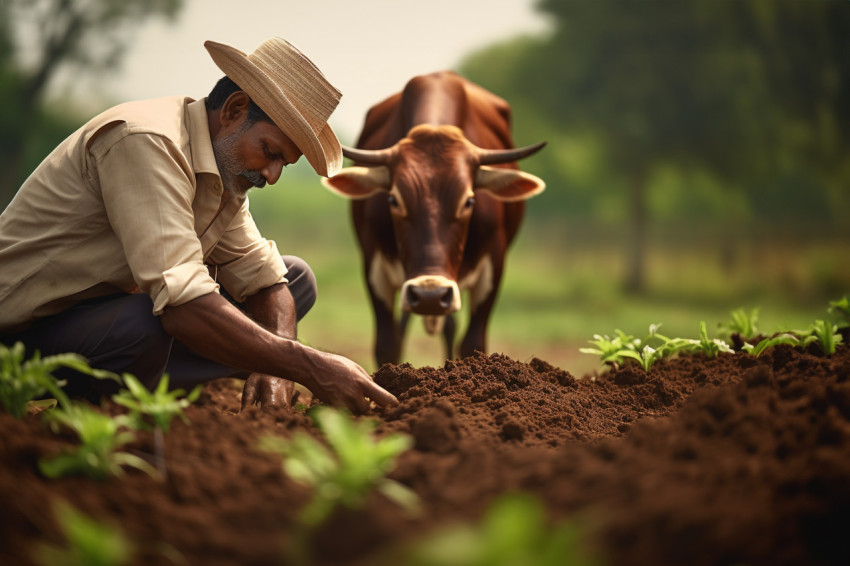 Indian farmer plowing field with cow for bread