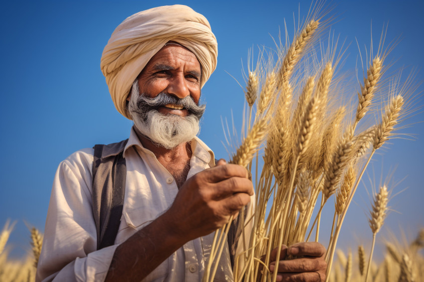 Indian farmer holding wheat crop in his field