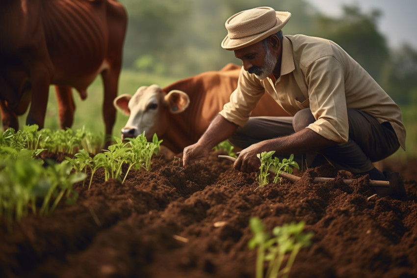 Indian farmer plowing field with cow for bread