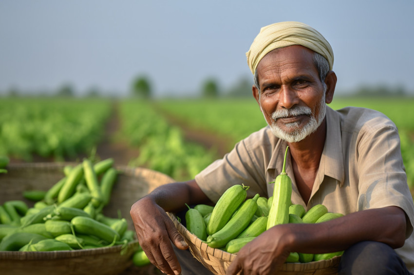 Indian farmer inspecting bottle gourds in field